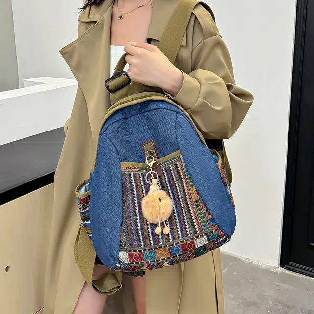 芭菲尼 小众休闲简约日常通勤时尚百搭 牛仔布 双肩包 常规 女款 蓝色