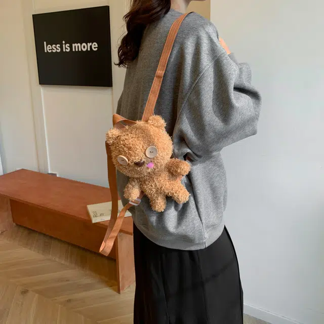 芭菲尼 个性时尚可爱卡通熊公仔百搭 毛绒 双肩包 大号 女款 卡其色