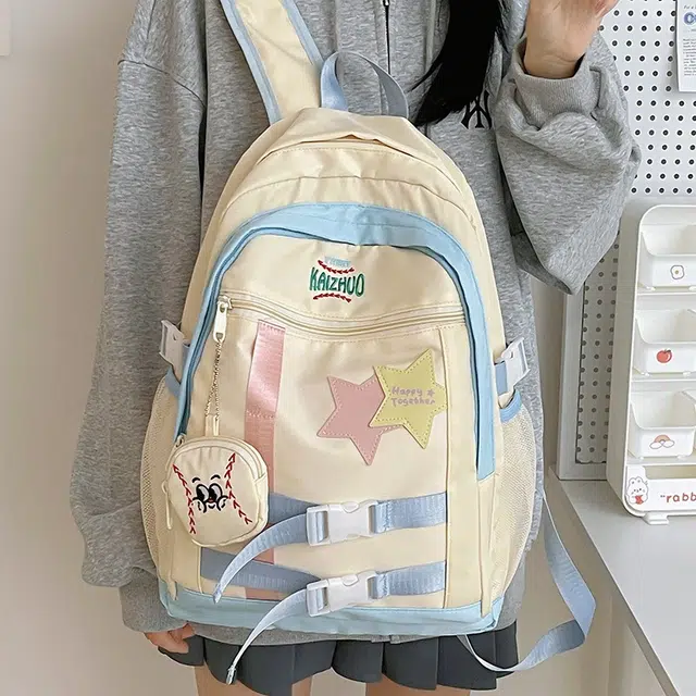 芭菲尼 可爱少女小清新大容量百搭 尼龙 双肩包 女款 米白/紫色