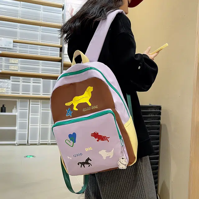 芭菲尼 拼色卡通动物大容量电脑背包可爱涂鸦设计百搭 尼龙 双肩包 常规 儿童款 紫色/咖啡色