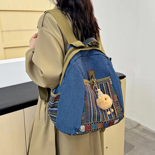芭菲尼 小众休闲简约日常通勤时尚百搭 牛仔布 双肩包 常规 女款 蓝色