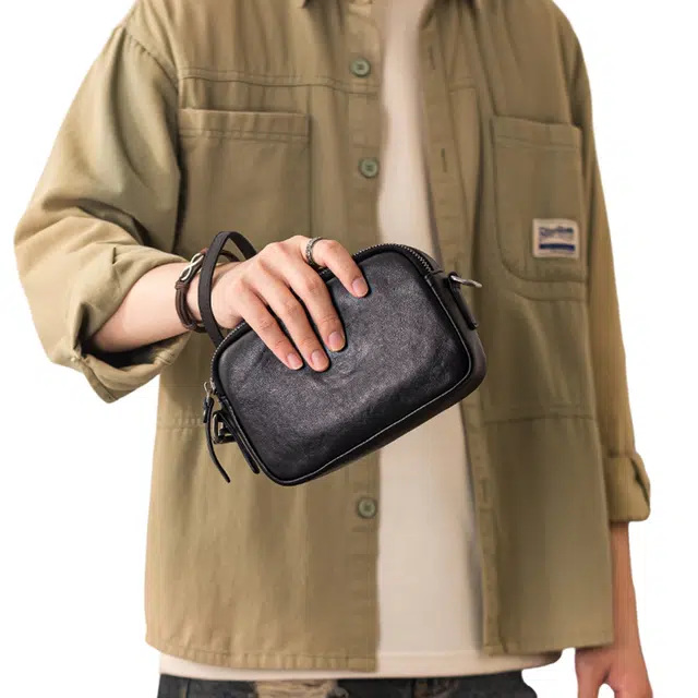 后步 简约纯色商务百搭 牛皮 斜挎单肩包 小号 男款 黑色