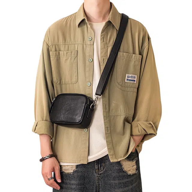 后步 简约纯色商务百搭 牛皮 斜挎单肩包 小号 男款 黑色