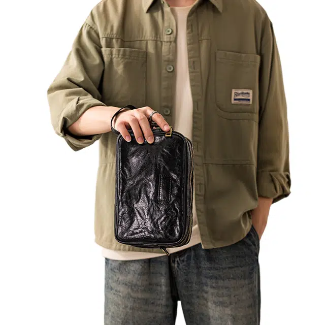 后步 小众设计多功能褶皱休闲通勤百搭潮流 牛皮 单肩包 男款 多色