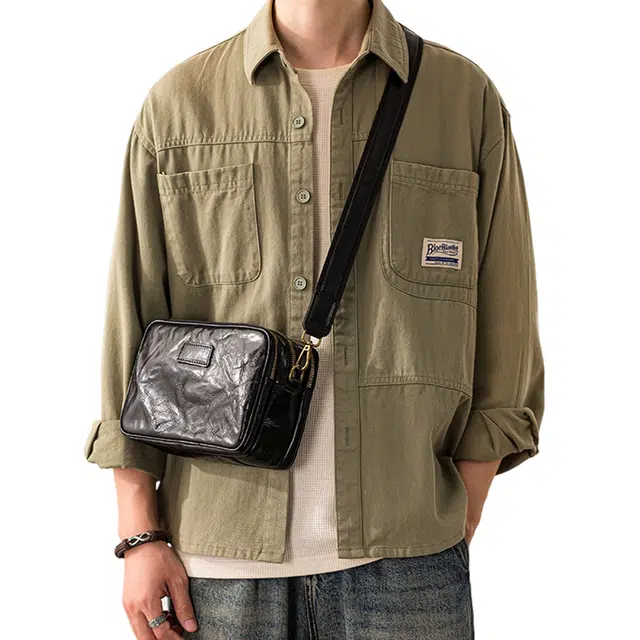 后步 小众设计多功能褶皱休闲通勤百搭潮流 牛皮 单肩包 男款 多色