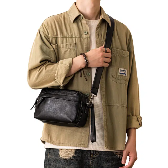 后步 高级感时尚潮流 牛皮 单肩包 小号 男款 黑色