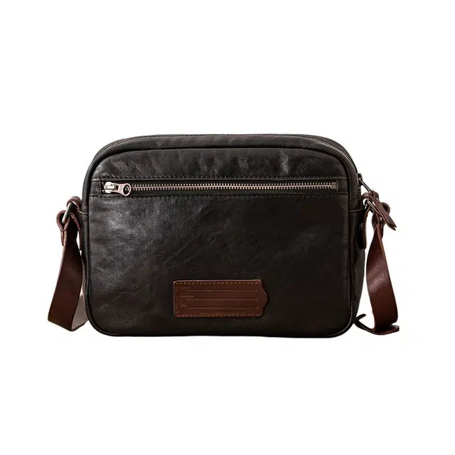 后步 小众原创设计复古质感通勤休闲撞色 牛皮 单肩包 常规 男款 黑色