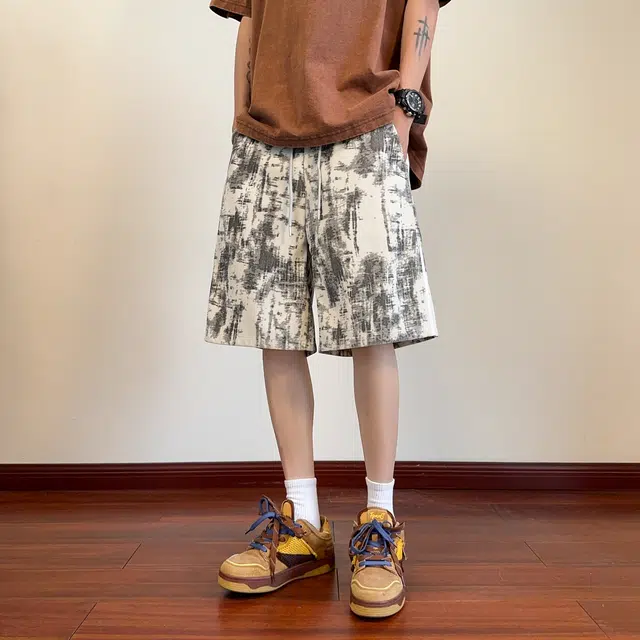 美式复古扎染渐变条纹工装五分运动透气休闲短裤 男女同款