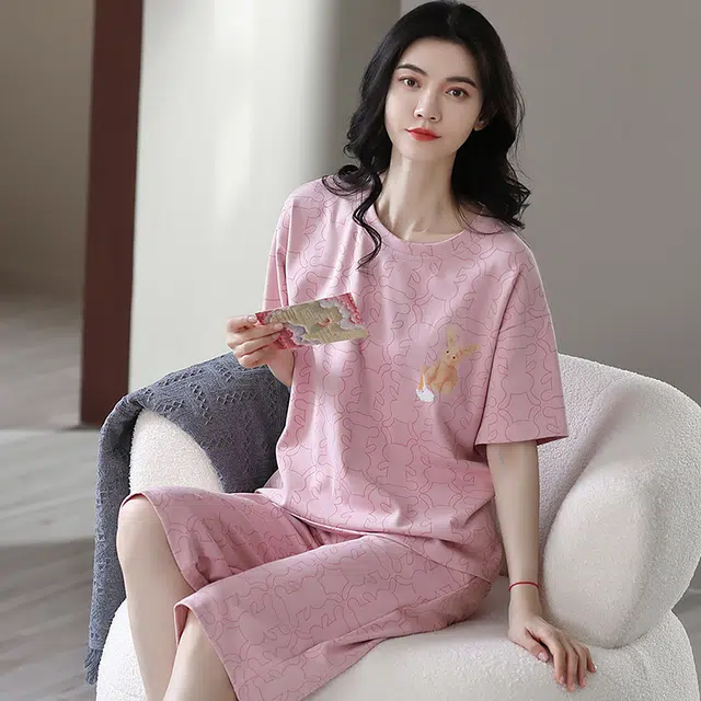 花季的故事 薄款时尚卡通兔满印韩版短袖七分裤可外穿家居服睡衣套装 女款 豆沙紫