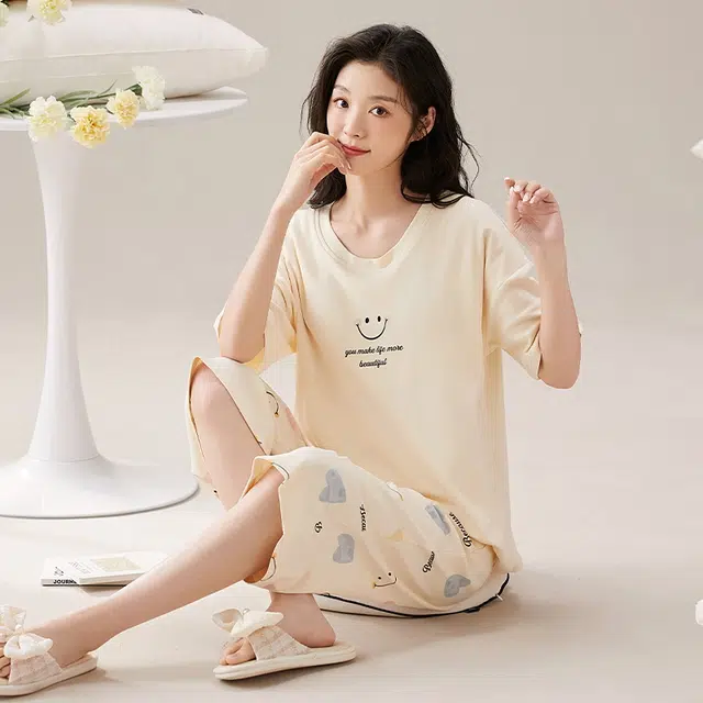 花季的故事 带胸垫睡衣女夏季纯棉短袖七分裤女士家居服可外穿天甜美韩版套装  女款  杏色