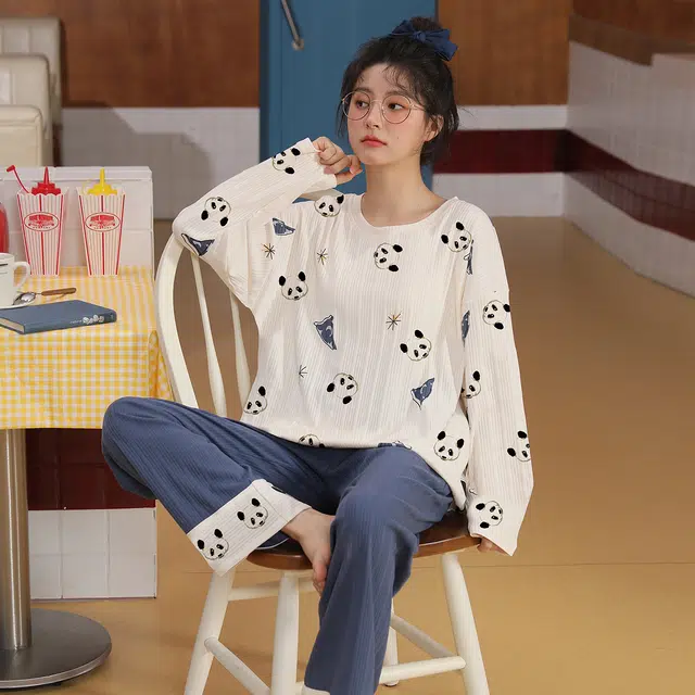 花季的故事 春秋季女士睡衣圆领可爱学生韩版甜美家居服套装  女款  白色