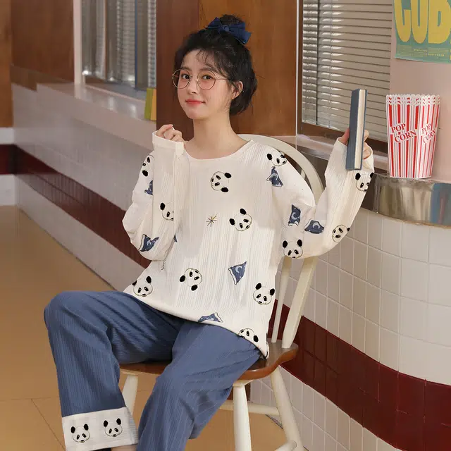 花季的故事 春秋季女士睡衣圆领可爱学生韩版甜美家居服套装  女款  白色