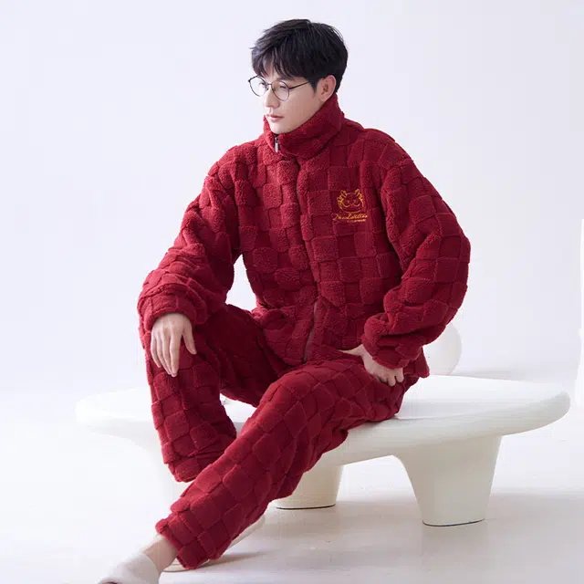 花季的故事 加厚保暖时尚舒适亲肤柔软不易掉毛青少年长袖长裤家居服可外穿睡衣套装 男款 红色