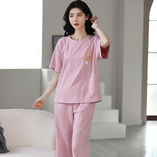 花季的故事 薄款时尚卡通兔满印韩版短袖七分裤可外穿家居服睡衣套装 女款 豆沙紫