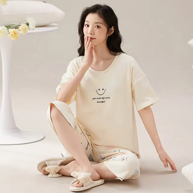 花季的故事 带胸垫睡衣女夏季纯棉短袖七分裤女士家居服可外穿天甜美韩版套装  女款  杏色