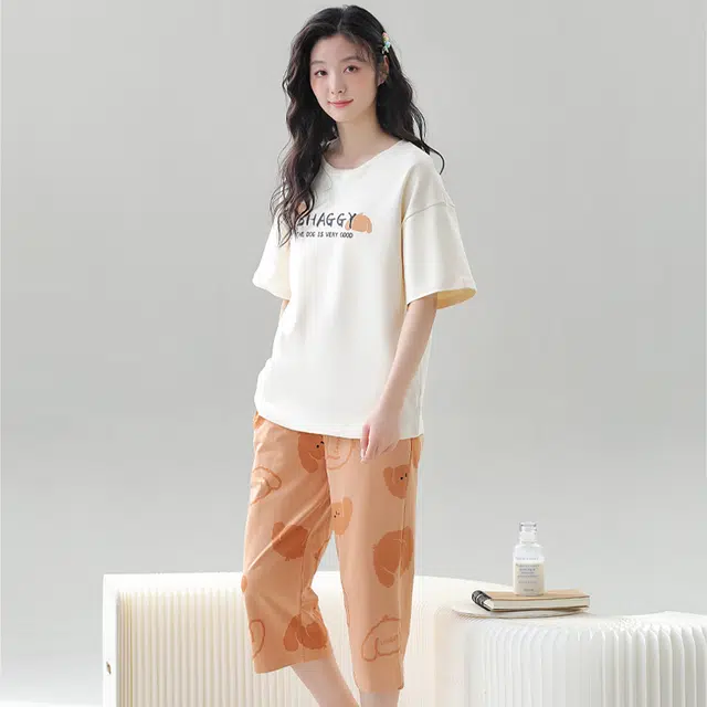 花季的故事 透气圆领短袖家居服亲肤可外穿七分裤睡衣套装 女款 白色