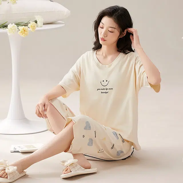 花季的故事 带胸垫睡衣女夏季纯棉短袖七分裤女士家居服可外穿天甜美韩版套装  女款  杏色