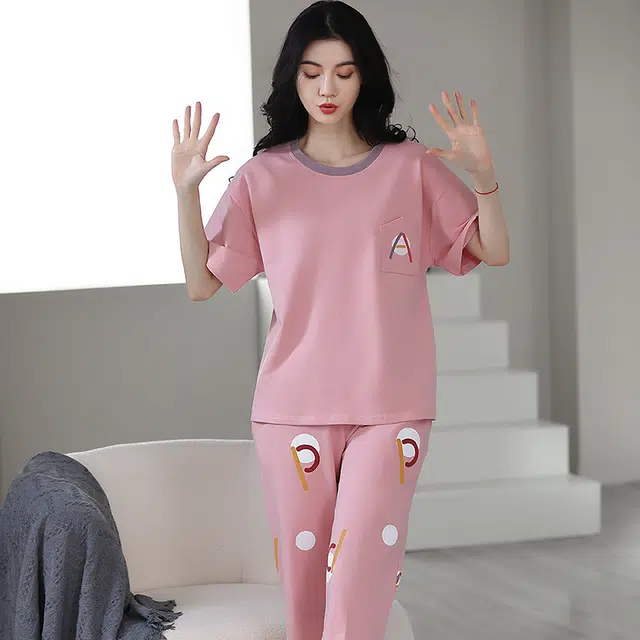 花季的故事 薄款时尚卡通口袋满印七分裤休闲睡衣套装 女款 藕色