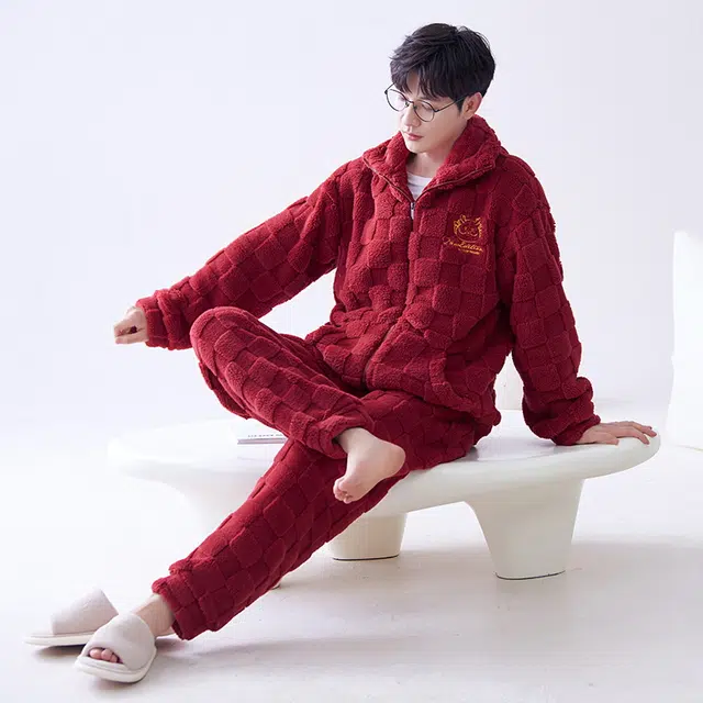 花季的故事 加厚保暖时尚舒适亲肤柔软不易掉毛青少年长袖长裤家居服可外穿睡衣套装 男款 红色