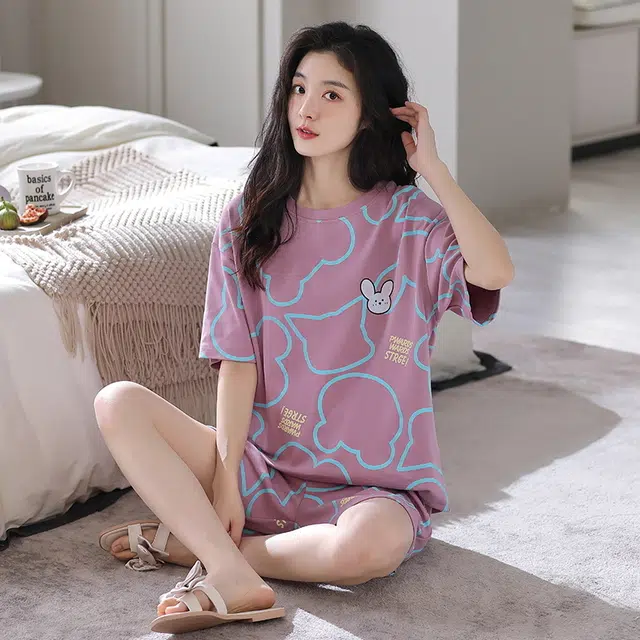 花季的故事 可爱卡通睡衣短袖短裤韩版薄款家居服 女款 紫色