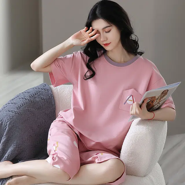 花季的故事 薄款时尚卡通口袋满印七分裤休闲睡衣套装 女款 藕色