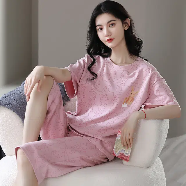 花季的故事 薄款时尚卡通兔满印韩版短袖七分裤可外穿家居服睡衣套装 女款 豆沙紫
