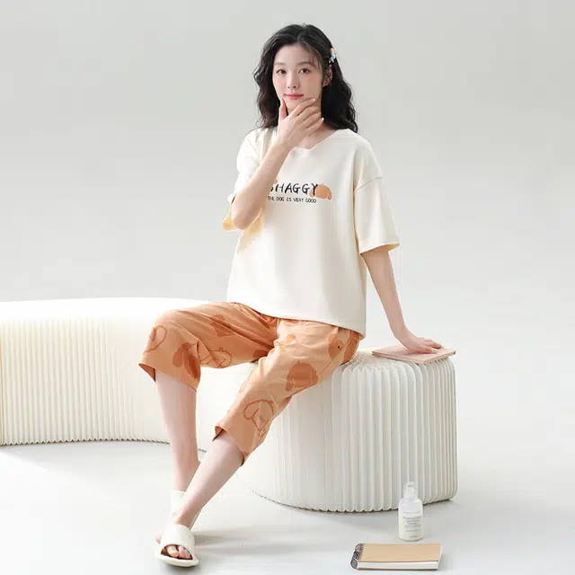 花季的故事 透气圆领短袖家居服亲肤可外穿七分裤睡衣套装 女款 白色