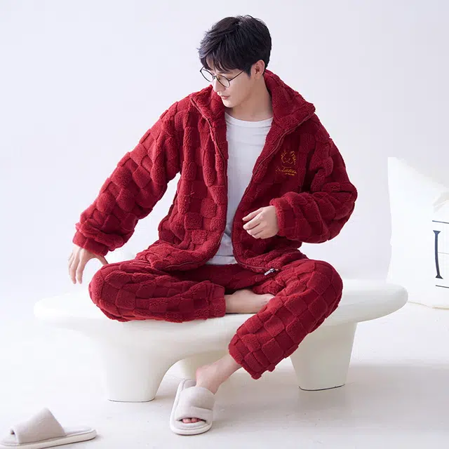 花季的故事 加厚保暖时尚舒适亲肤柔软不易掉毛青少年长袖长裤家居服可外穿睡衣套装 男款 红色