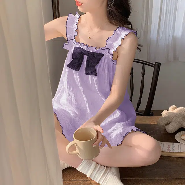 花季的故事 蝴蝶结装饰套头吊带上衣纯色松紧腰短裤睡衣套装 女款 浅紫色