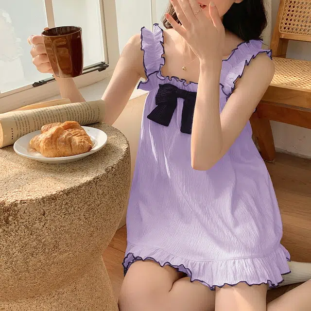 花季的故事 蝴蝶结装饰套头吊带上衣纯色松紧腰短裤睡衣套装 女款 浅紫色