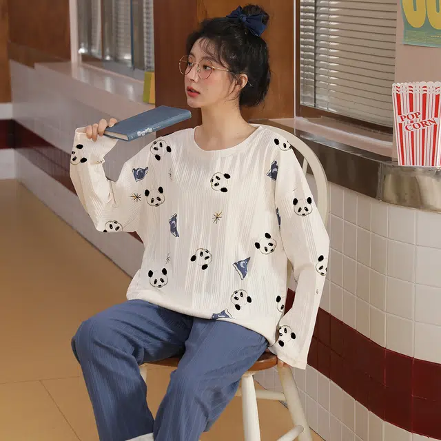 花季的故事 春秋季女士睡衣圆领可爱学生韩版甜美家居服套装  女款  白色
