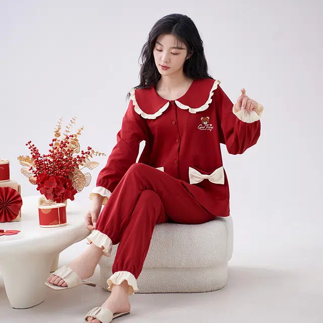 花季的故事 简约中国风喜庆优亲肤舒适透气开衫长袖可外穿休闲长裤睡衣套装 女款 红色