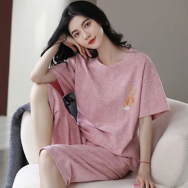 花季的故事 薄款时尚卡通兔满印韩版短袖七分裤可外穿家居服睡衣套装 女款 豆沙紫