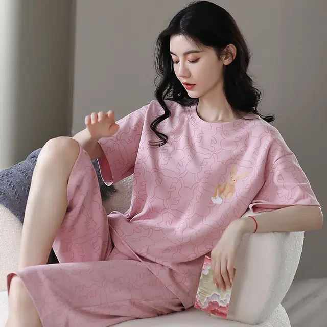 花季的故事 薄款时尚卡通兔满印韩版短袖七分裤可外穿家居服睡衣套装 女款 豆沙紫