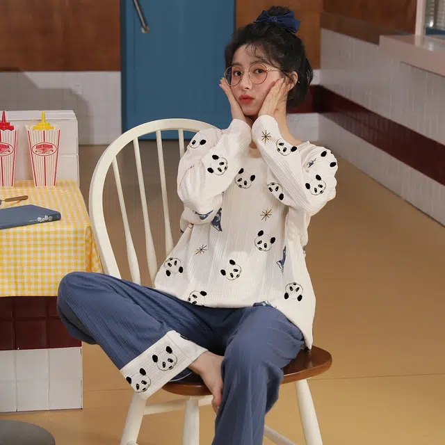 花季的故事 春秋季女士睡衣圆领可爱学生韩版甜美家居服套装  女款  白色