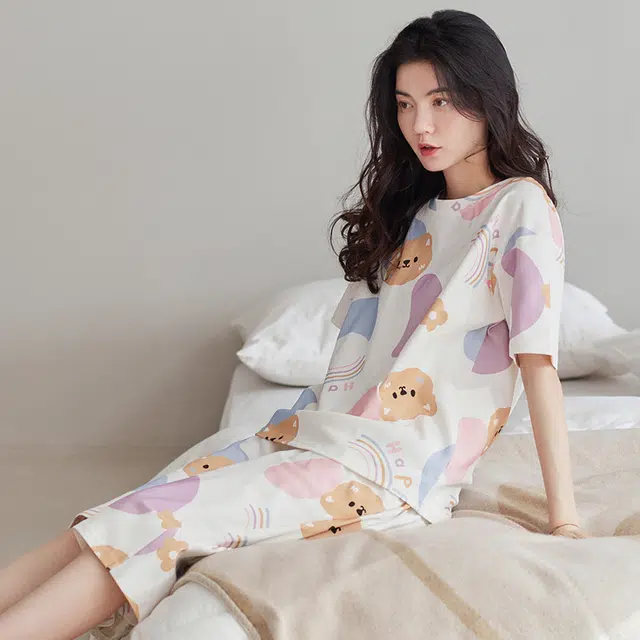 花季的故事 睡衣女夏季短袖纯棉七分裤学生印花可爱家居服套装  女款  白色
