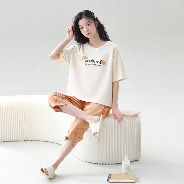 花季的故事 透气圆领短袖家居服亲肤可外穿七分裤睡衣套装 女款 白色
