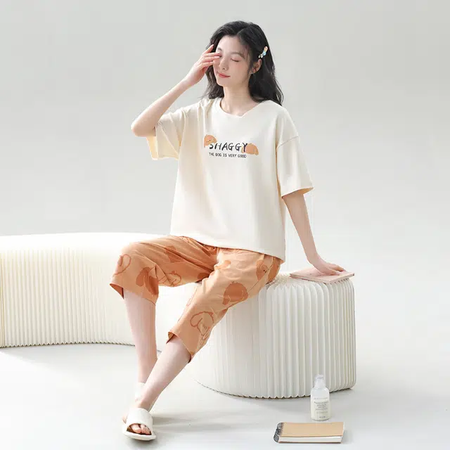 花季的故事 透气圆领短袖家居服亲肤可外穿七分裤睡衣套装 女款 白色