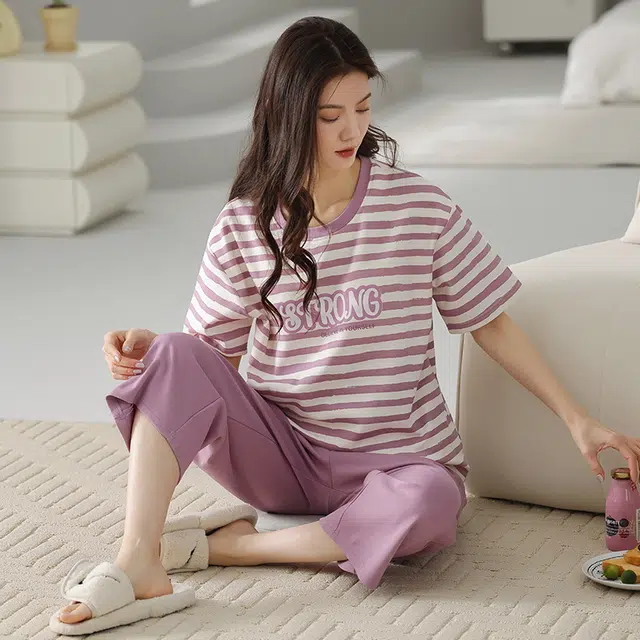 花季的故事 条纹字母短袖薄款纯色七分裤韩版简约睡衣套装 女款 紫色