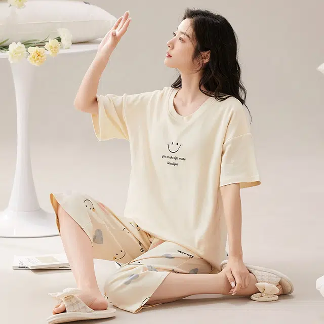 花季的故事 带胸垫睡衣女夏季纯棉短袖七分裤女士家居服可外穿天甜美韩版套装  女款  杏色