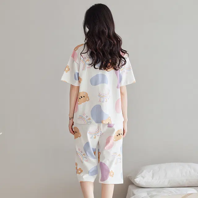 花季的故事 睡衣女夏季短袖纯棉七分裤学生印花可爱家居服套装  女款  白色