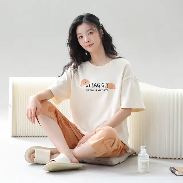 花季的故事 透气圆领短袖家居服亲肤可外穿七分裤睡衣套装 女款 白色