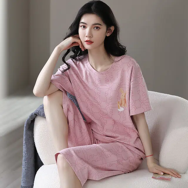 花季的故事 薄款时尚卡通兔满印韩版短袖七分裤可外穿家居服睡衣套装 女款 豆沙紫