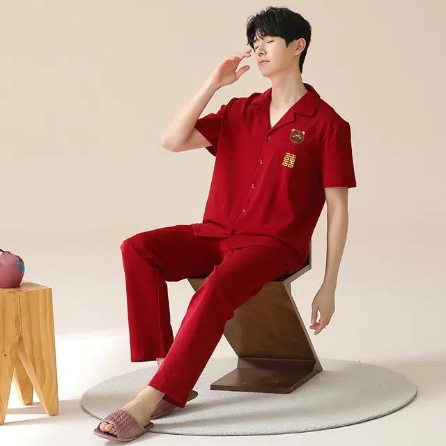花季的故事 薄款可外穿宽松卡通熊图案睡衣套装 男款 红色