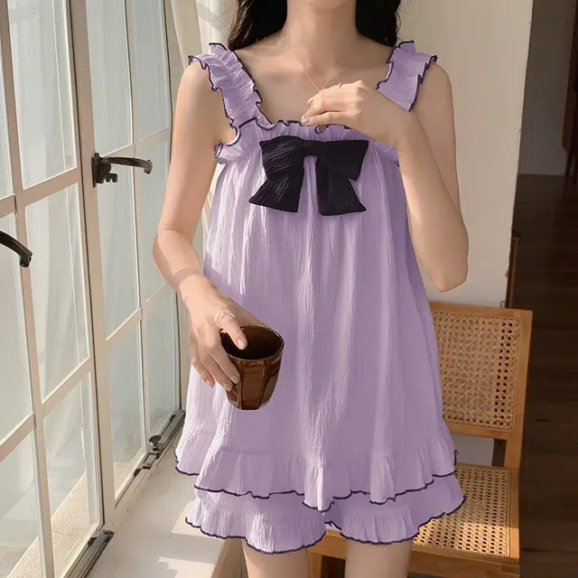 花季的故事 蝴蝶结装饰套头吊带上衣纯色松紧腰短裤睡衣套装 女款 浅紫色