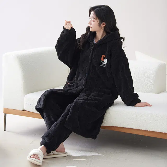花季的故事 加厚简约时尚微弹透气柔软舒适亲肤长袖长裤可居家可外穿睡衣套装 女款 黑色