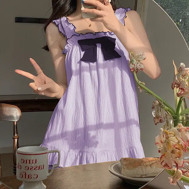 花季的故事 蝴蝶结装饰套头吊带上衣纯色松紧腰短裤睡衣套装 女款 浅紫色