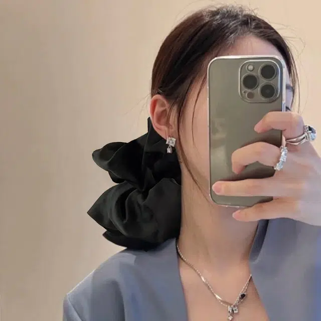 左欧 大肠超大号黑色马尾肥肠显脸小札头花 精纺缎面 发圈 女款