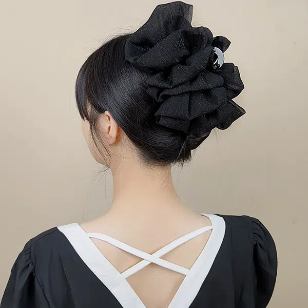 左欧 云朵泡泡纱抓夹网纱双面蝴蝶结  后脑勺盘发大号鲨鱼 发夹 女款