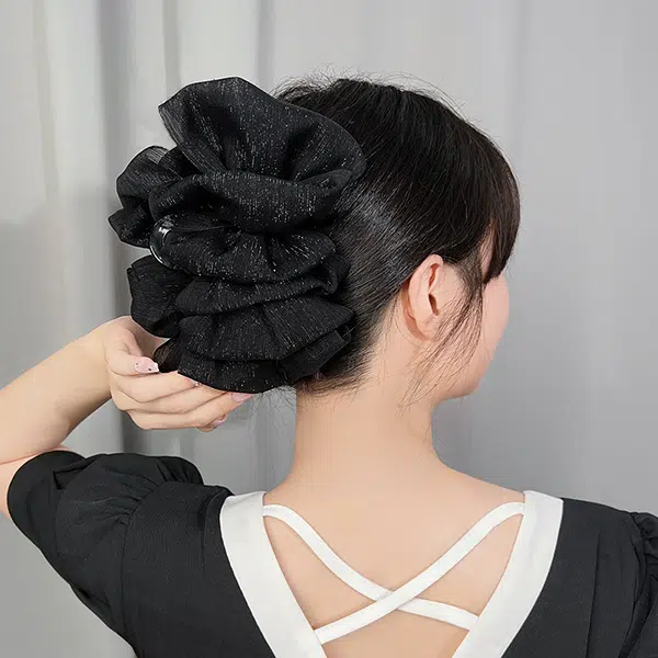左欧 云朵泡泡纱抓夹网纱双面蝴蝶结  后脑勺盘发大号鲨鱼 发夹 女款